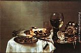 Breakfast Paintings - Breakfast Table with Blackberry Pie by Willem Claesz Heda